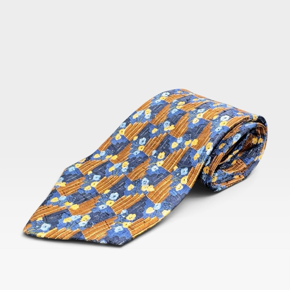 Ermenegildo Zegna Silk Necktie Blue Brown Yellow Floral Geometric Pattern Italy